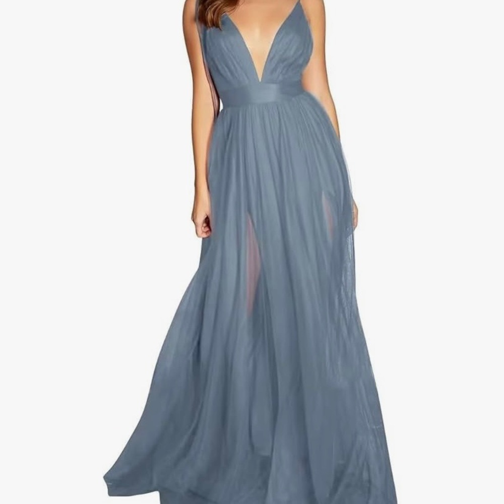 Danielle Emon Dusty Blue Full Length Formal Gown Chiffon Fairy Prom Dress Size M